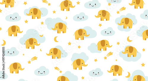 Adorable pattern displays yellow elephants wandering among soft blue clouds, twinkling stars, and crescent moons on a white field.