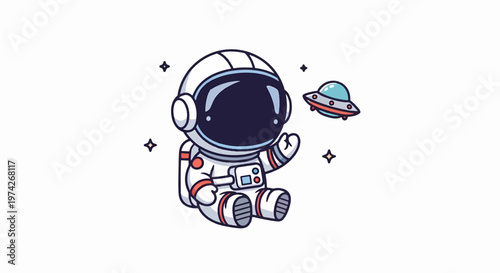 Cute Cartoon Astronaut Sitting and Waving at a Flying Saucer.