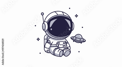 Cute Cartoon Astronaut Sitting Beside a Small Flying Saucer.