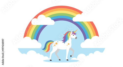 Beautiful white unicorn with a rainbow colored mane and tail stands proudly on clouds against a bright rainbow in a clear blue sky.