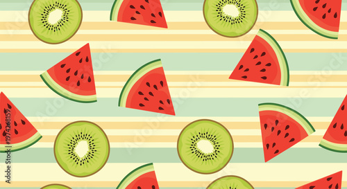 Fruit themed pattern features vibrant red watermelon slices and green kiwi halves scattered over a background of yellow and white stripes.