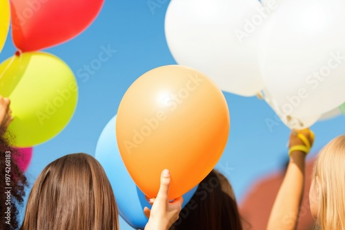 Group of people holding colorful balloons against blue sky at outdoor celebration or summer festival event