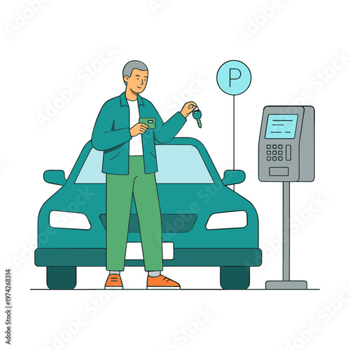 Man pays for parking with card near car and meter