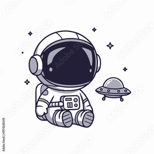 Cute Cartoon Astronaut Sitting Beside a Small UFO in Space.