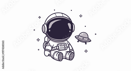 Cute Cartoon Astronaut Sitting Beside a Small UFO in Space.