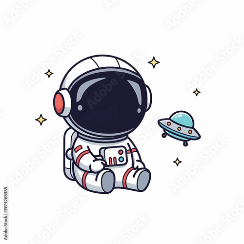 Cute Cartoon Astronaut Sitting Beside a Small UFO in Space.