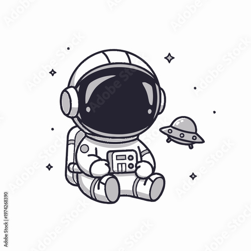 Cute Cartoon Astronaut Sitting Beside a Small UFO in Space.