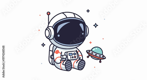 Cute Cartoon Astronaut Sitting Beside a Small UFO in Space.