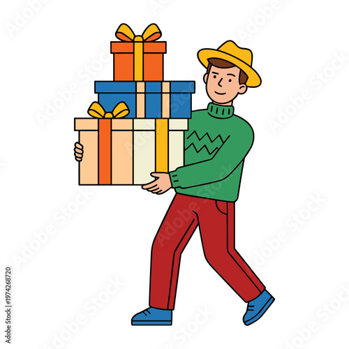 A man in a green sweater and yellow hat is carrying multiple wrapped gifts.
