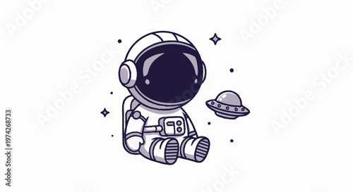 Cute Cartoon Astronaut Sitting in Space with a UFO.