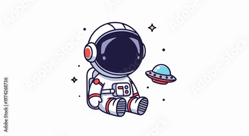 Cute Cartoon Astronaut Sitting in Space with a UFO.