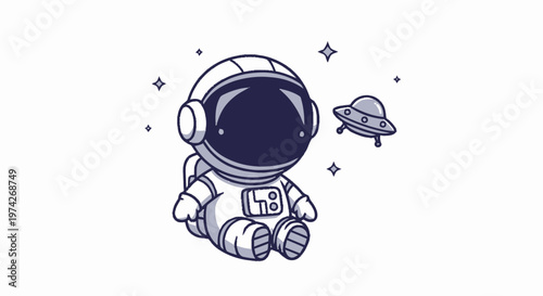 Cute Cartoon Astronaut Sitting in Space with a UFO.