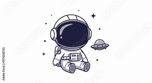 Cute Cartoon Astronaut Sitting in Space with a UFO.