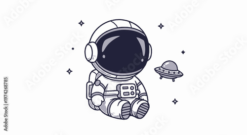 Cute Cartoon Astronaut Sitting in Space with a UFO Illustration.