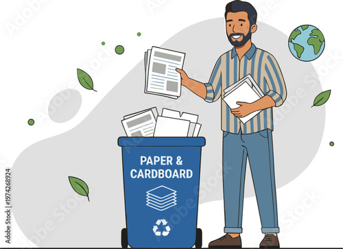 Man throwing papers into recycling bin outdoors on earth day