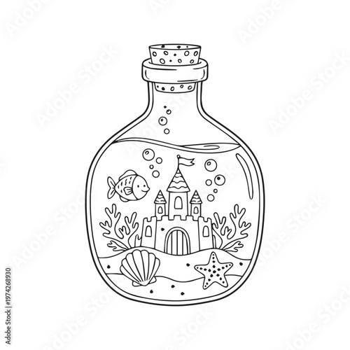 Cute cartoon line drawing of an underwater scene with a castle in a glass bottle
