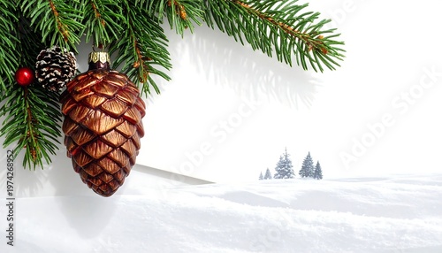 Festive holiday scene pine bough with ornaments, snow-covered foreground, and distant trees on a bright white background