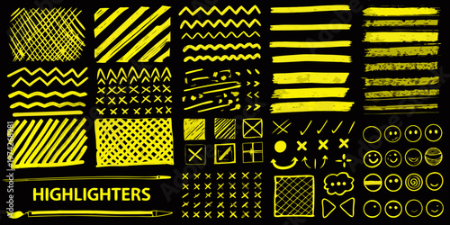 Abstract yellow highlighter strokes patterns and doodles on black background silhouette