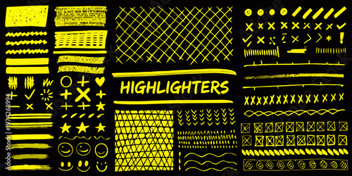 Abstract yellow highlighter marks and doodles on a black background silhouette