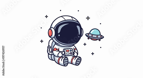 Cute Cartoon Astronaut Sitting in Space with UFO and Stars.