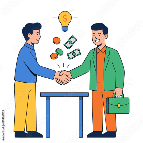 Two businessmen shake hands over a table with money and a lightbulb