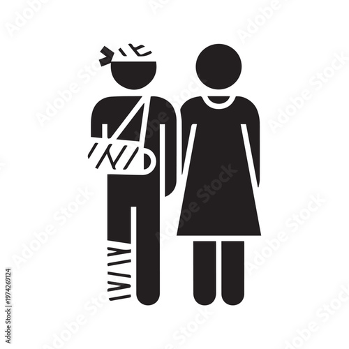 Silhouette icon of an injured patient with bandages and arm sling being supported by a caregiver

