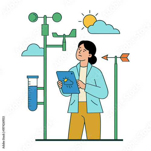 A woman examines weather data on a tablet next to meteorological instruments outdoors.