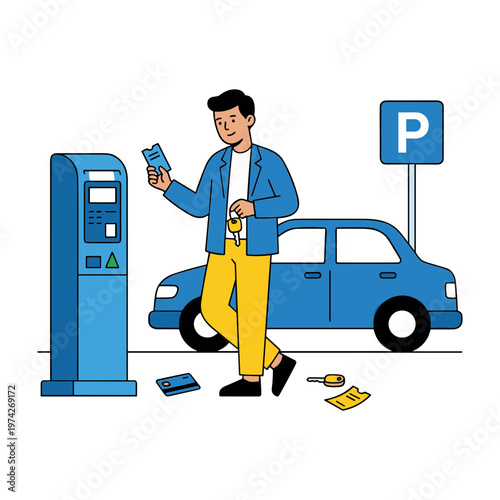 Man pays for parking with card near blue car and machine