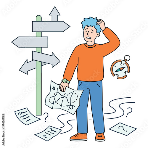 Man looks confused while holding map and scratching head near signpost