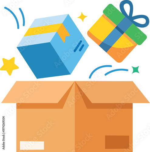 Colorful gift boxes popping out of open cardboard box surprise unboxing celebration illustration