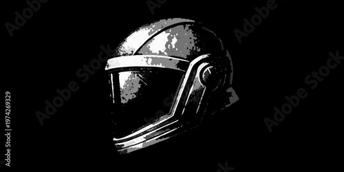 Detailed depiction of a futuristic helmet striking black and white silhouette
