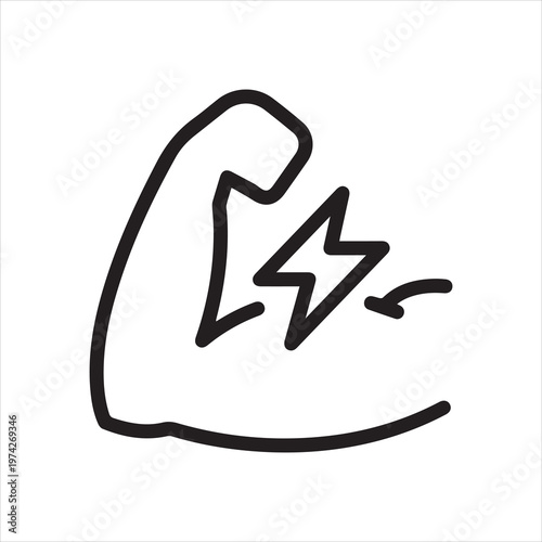 Flexed arm with lightning, linear icon. Muscle power and energy strength. Line with editable stroke.