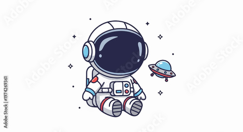Cute Cartoon Astronaut Sitting With Spaceship in Outer Space.