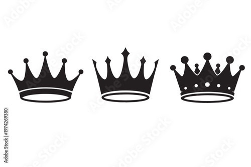 Royal crown silhouettes set, black king and queen headwear icons, 3 elegant imperial tiara vector elements for luxury branding and logo design