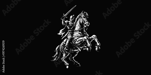 A knight on horseback raises his sword dramatic black silhouette