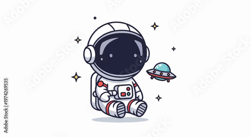 Cute Cartoon Astronaut Sitting With Spaceship in Outer Space.