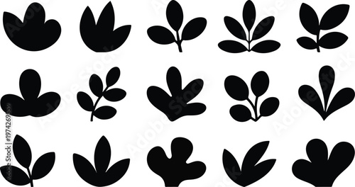 Clean vector botanical pattern of sixteen stylized leaf icons with varied shapes in structured monochrome grid layout