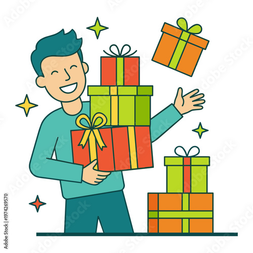 Man holding and throwing colorful presents with joyful expression indoors