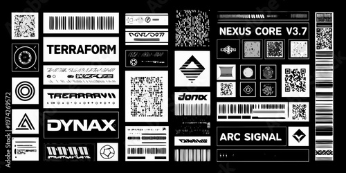 Abstract collection of barcodes text and geometric shapes silhouette
