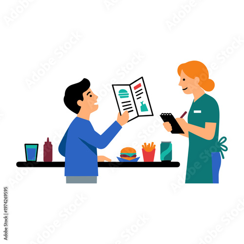Customer orders food from waitress at restaurant counter with menu