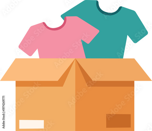 Donation box with colorful shirts for charity recycling and moving house flat vector illustration