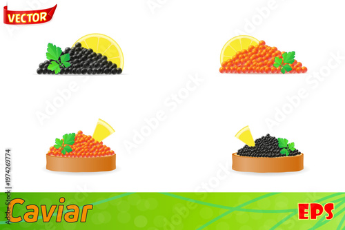 sandwich with red caviar lemon and parsley set icons vector illustration