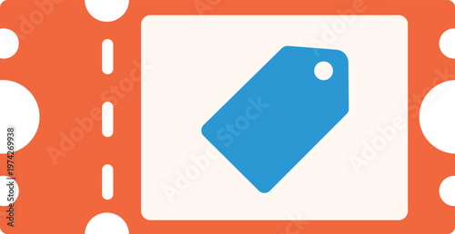 Orange ticket coupon icon with blue price tag for discount sale and retail promotion vector graphic