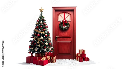 Festive holiday scene with a Christmas tree adorned with ornaments next to a red wooden door decorated for the season with a wreath, presents