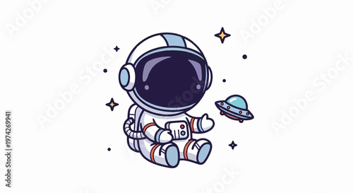 Cute Cartoon Astronaut with Spaceship in Outer Space Illustration.