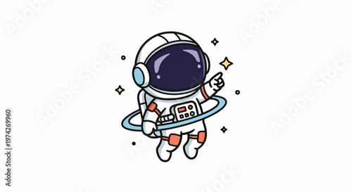 Cute Cartoon Astronaut with Space Helmet and Planet Ring.