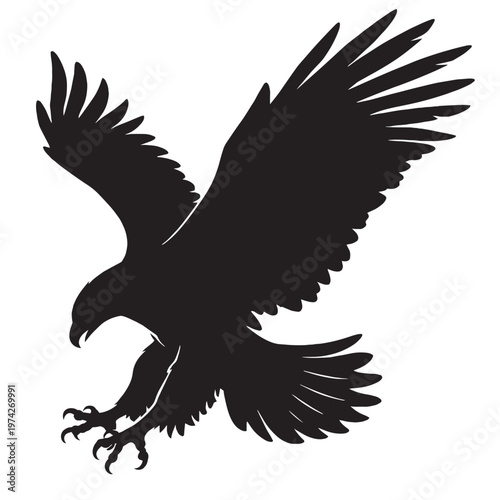 Majestic eagle silhouette vector, soaring bird of prey with spread wings, black hawk or falcon icon, predatory wildlife mascot for logo design