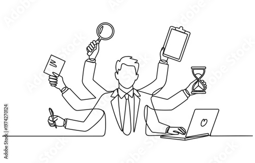 Multitasking businessman juggling multiple tasks with many hands at desk magnifying glass time management project management multitasking businessman efficiency productivity juggling deadline