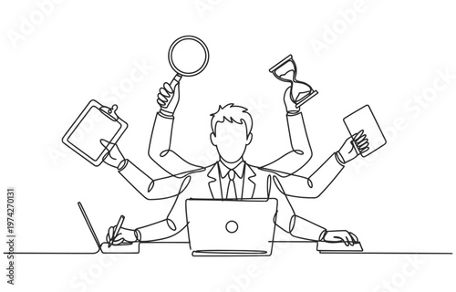 Multitasking businessman juggling multiple tasks with many hands at desk magnifying glass time management project management multitasking businessman efficiency productivity juggling deadline