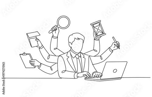 Multitasking businessman juggling multiple tasks with many hands at desk magnifying glass time management project management multitasking businessman efficiency productivity juggling deadline